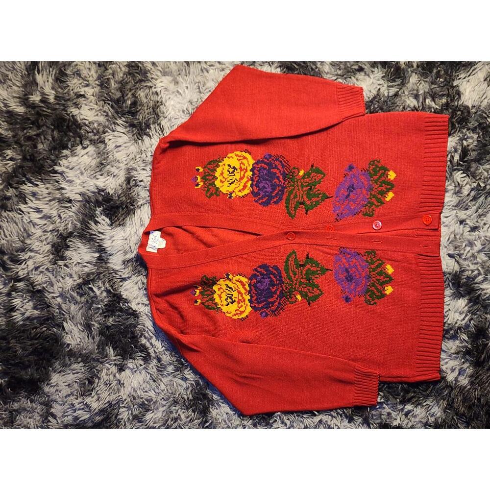 Vintage J Knit Womens Large Teacher Grandma Floral Flower Red Button Up Cardigan